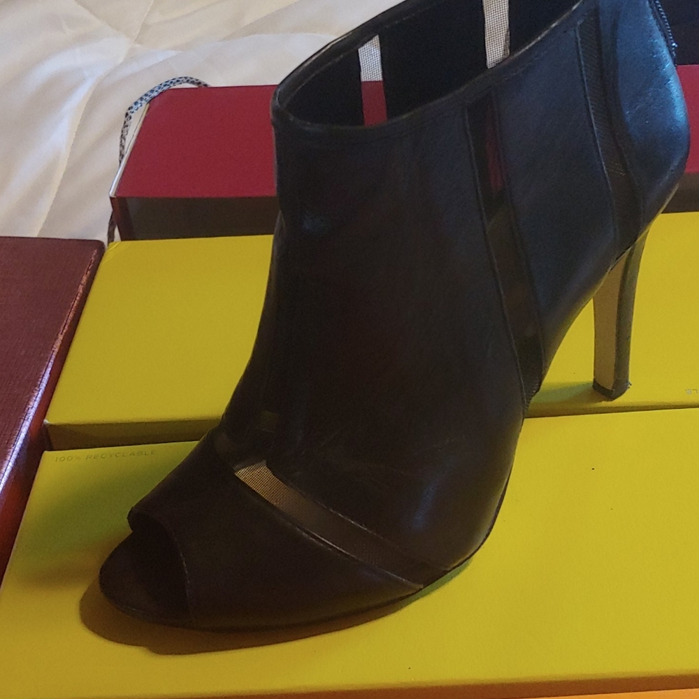 Ankle heeled bootie with open toe black with sheer accents